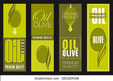 Set of 4 modern labels for olive oil with different typographical research and shades of olive green or acid green.