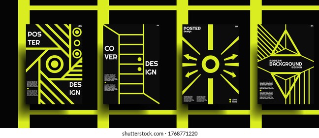 Set of 4 modern poster designs with yellow lines and elements, designed in A4 format for banners, titles or magazines. Trendy geometric patterns, Eps 10 vector