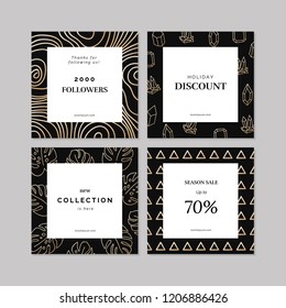 Set of 4 modern promotion square web banners for social media mobile apps. Elegant sale and discount promo backgrounds with abstract patterns. Email ad newsletter layouts.