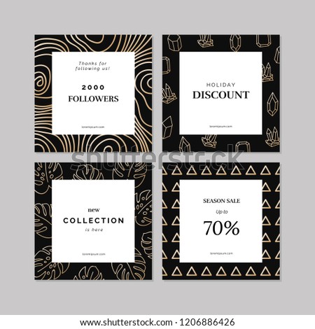 Set of 4 modern promotion square web banners for social media mobile apps. Elegant sale and discount promo backgrounds with abstract patterns. Email ad newsletter layouts.