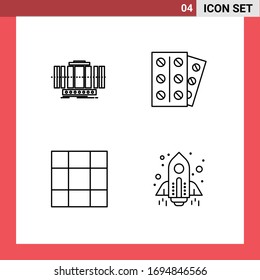 Conjunto de 4 símbolos de símbolos de iconos modernos de la interfaz de usuario para turbina; red; viento; medicina; elementos de diseño de vectores editables para cohete