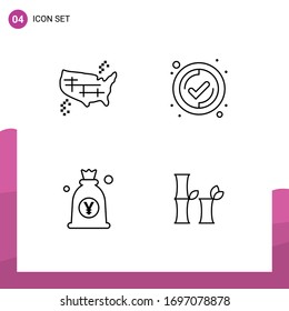 Conjunto de 4 símbolos modernos de símbolos de iconos de la interfaz de usuario para usa; japón; estados; marca de graduación; elementos de diseño de vectores editables con dinero