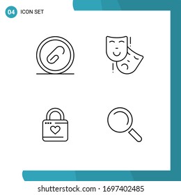 Set of 4 Modern UI Icons Symbols Signs for attach; lock; file; masks; heart Editable Vector Design Elements