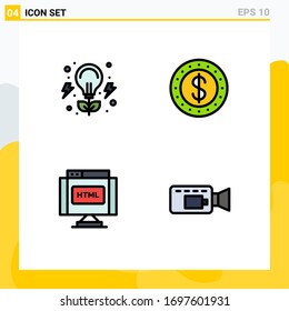 Conjunto de 4 símbolos de símbolos de iconos modernos de la interfaz de usuario para bombilla; html; naturaleza; efectivo; elementos de diseño de vectores editables de levas