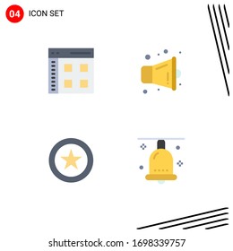 Satz von 4 Symbolen für moderne Benutzeroberfläche, Zeichen für App; Münze; Nutzer; Multimedia; Vektorillustration-Design-Elemente für Glocke