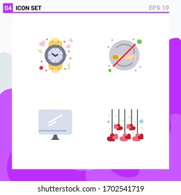 Set of 4 Modern UI Icons Symbols Signs for heart; computer; time; no; device Editable Vector Design Elements
