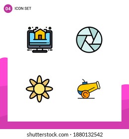 Conjunto de 4 símbolos modernos de iconos de la interfaz de usuario para el hogar; hierba; bienes inmuebles; foco; Elementos de diseño de vectores editables de canon