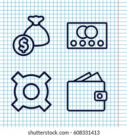 Set of 4 money outline icons such as credit card, wallet, illustrgeneric currencyation