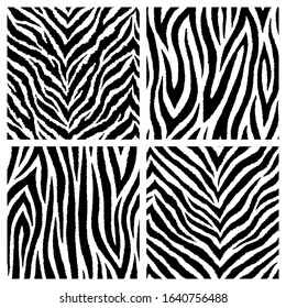Set of 4 monochrome, black and white zebra skin fur seamless patterns. Vector wallpapers. Exotic wild animalistic skin textures.	