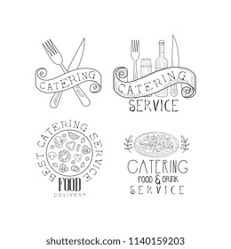 Set of 4 monochrome catering service emblems. Hand drawn vector logos with food, wine bottle and glass, forks and knives