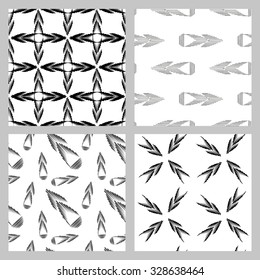 Set of 4 monochrome elegant seamless patterns. Vector seamless geometric pattern in a contrasting black and white tones.  Monochrome background of multidirectional arrows.