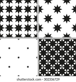 Set of 4 monochrome geometric seamless pattern with Christmas eight-pointed stars