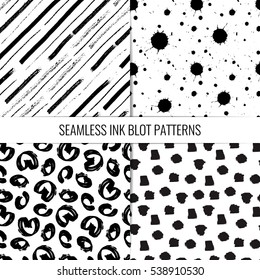 Set of 4 monochrome seamless patterns made of hand drawn ink strokes and blots.