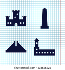 Set of 4 monument filled icons such as castle, chichen itza