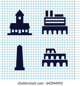 Set of 4 monument filled icons such as castle, coliseum