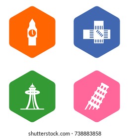 Set Of 4 Monument Icons Set.Collection Of Japan, London, Pisa And Other Elements.