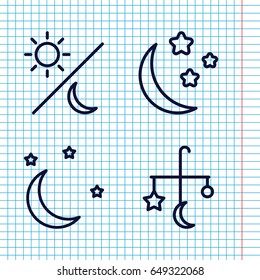 Set of 4 moon outline icons such as bed mobile, moon and stars