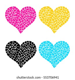 Set of 4 mosaic hearts. Collection for romantic design. Easy to recolor hearts. Ceramic tile texture.