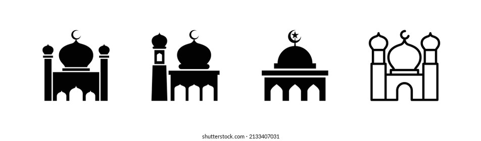 Set of 4 Mosque icon related to Moslem , outlined editable stroke and flat glyph style, clipart design template