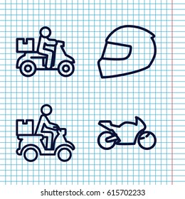 Set of 4 motorcycle outline icons such as courier on motorcycle, helmet, motorbike
