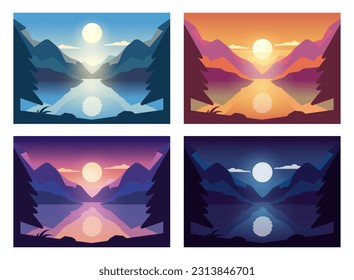 Set of 4 mountain and lake illustrations. Day, evening, dusk and night. Vector posters or backgrounds to put your own text or to illustrate your concepts or simply as an art piece