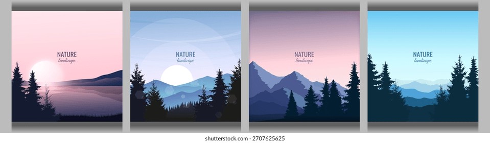 Conjunto de 4 paisajes de montaña. Vista panorámica de las cadenas montañosas en el crepúsculo de la tarde, puesta del sol en el lago, siluetas de abetos. Ilustración vectorial.