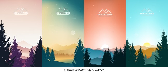 Set of 4 mountains landscapes. Realistic forest, trees. sunrise, sunset, day, morning, night, mountain lake, fog on the rocks and in the valley. Hiking adventure background. Vector illustration