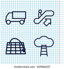 Set of 4 moving outline icons such as escalator up, truck, ladder to the sky