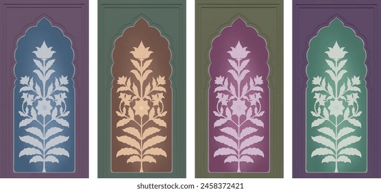 Set of 4 Mughal themed door illustrations with vibrant colors