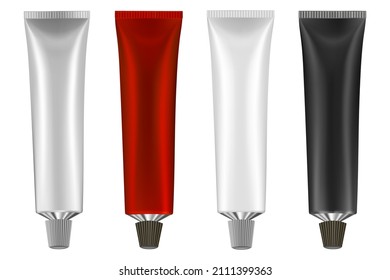 Set of 4 multicolored tubes. Vector illustration of cream or toothpaste tube. Ointment. Salve. Glue tube. Oil paint. Black, red, silver and white metal tubes.