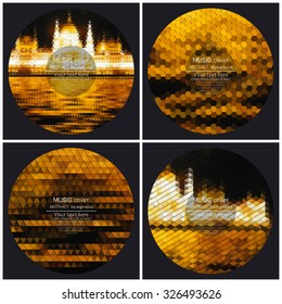 Set of 4 music album cover templates. Night city landscape. Abstract multicolored backgrounds. Natural geometrical patterns. Triangular and hexagonal style vector illustration.