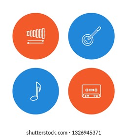 Set of 4 music icons line style set. Collection of cassette, xylophone, note and other elements.