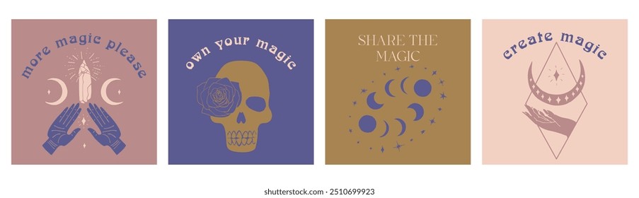 Set of 4 Mystical quotes and spiritual illustrations. Magic social media post template