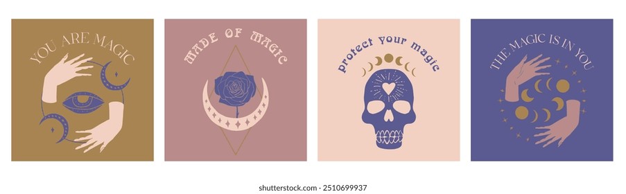 Set of 4 Mystical quotes and spiritual illustrations. Magic social media post template