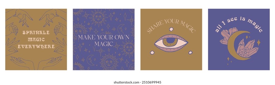 Set of 4 Mystical quotes and spiritual illustrations. Magic social media post template