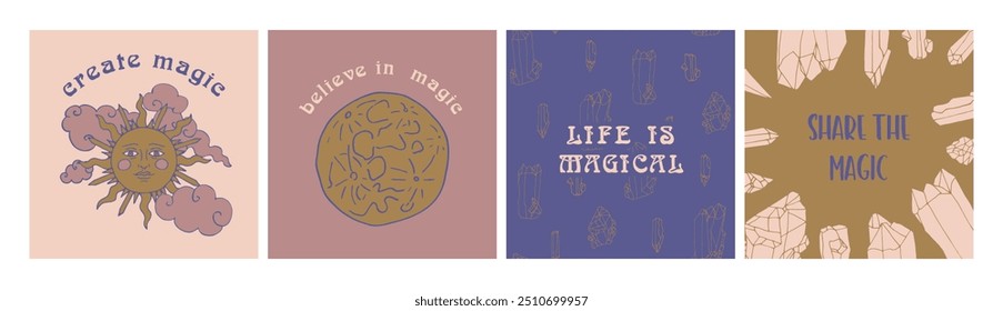 Set of 4 Mystical quotes and spiritual illustrations. Magic social media post template