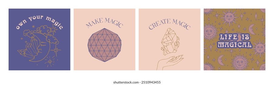 Set of 4 Mystical quotes and spiritual illustrations. Magic social media post template