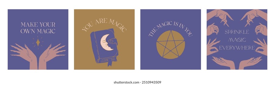 Set of 4 Mystical quotes and spiritual illustrations. Magic social media post template