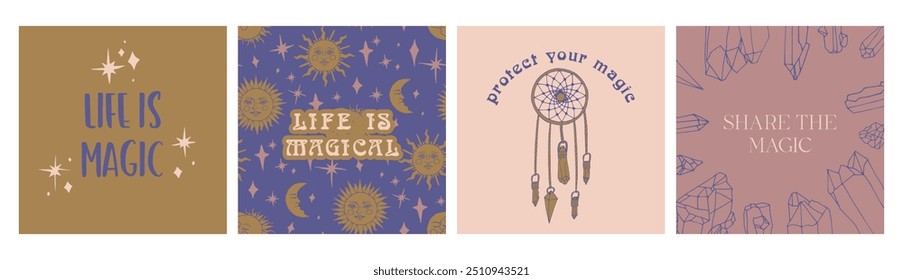 Set of 4 Mystical quotes and spiritual illustrations. Magic social media post template