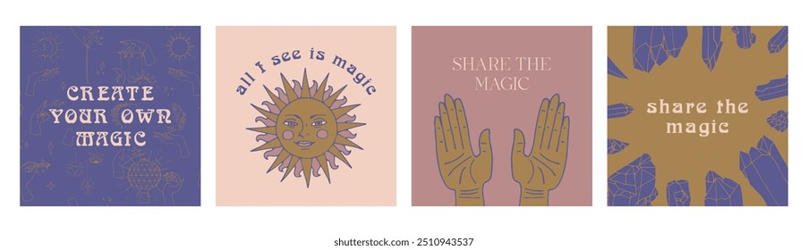 Set of 4 Mystical quotes and spiritual illustrations. Magic social media post template