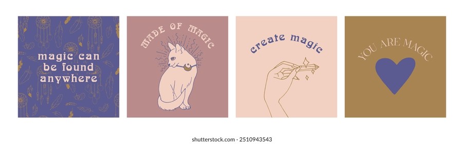 Set of 4 Mystical quotes and spiritual illustrations. Magic social media post template