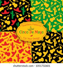 Set of 4 national mexican objects silhoette seamless pattern. Vector backgrounds with outline sombrero and cactus, guitar and maracas in green, yellow and black colors for fiesta or event decoration
