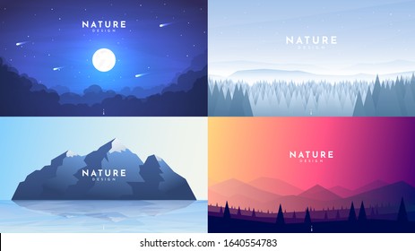 Set of 4 nature backgrounds. Misty night with moon light, winter forest, morning scene, mountain with reflection in water, colorful sky and polygonal hills. Vector flat landscape. Website template