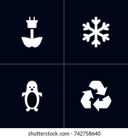 Set Of 4 Nature Icons Set. Collection Of Winter Snow, Polar Bird, Green Power And Other Elements.