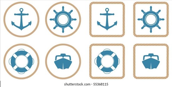 A set of 4 nautical icons or buttons with a rope outline.