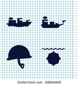 Set of 4 navy filled icons such as war helmet