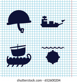 Set of 4 navy filled icons such as war helmet