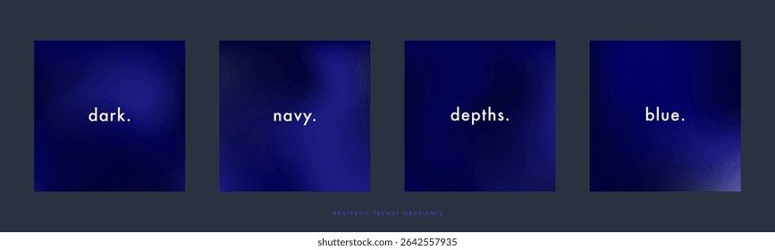 Set of 4 navy winter sky gradient background. Abstract midnight sky. Dark blue colored vector banner. Simple soft dark square backdrop. Gradient template design for poster, square social post, cover