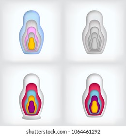 Set of 4 Nesting dolls inserted into each other, made in paper style, isolated white background.