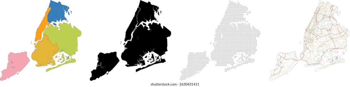 Set of 4 New York city of United States vector maps isolated on a transparent background. Counties, black border, black dots and road maps. Vector for graphic design.